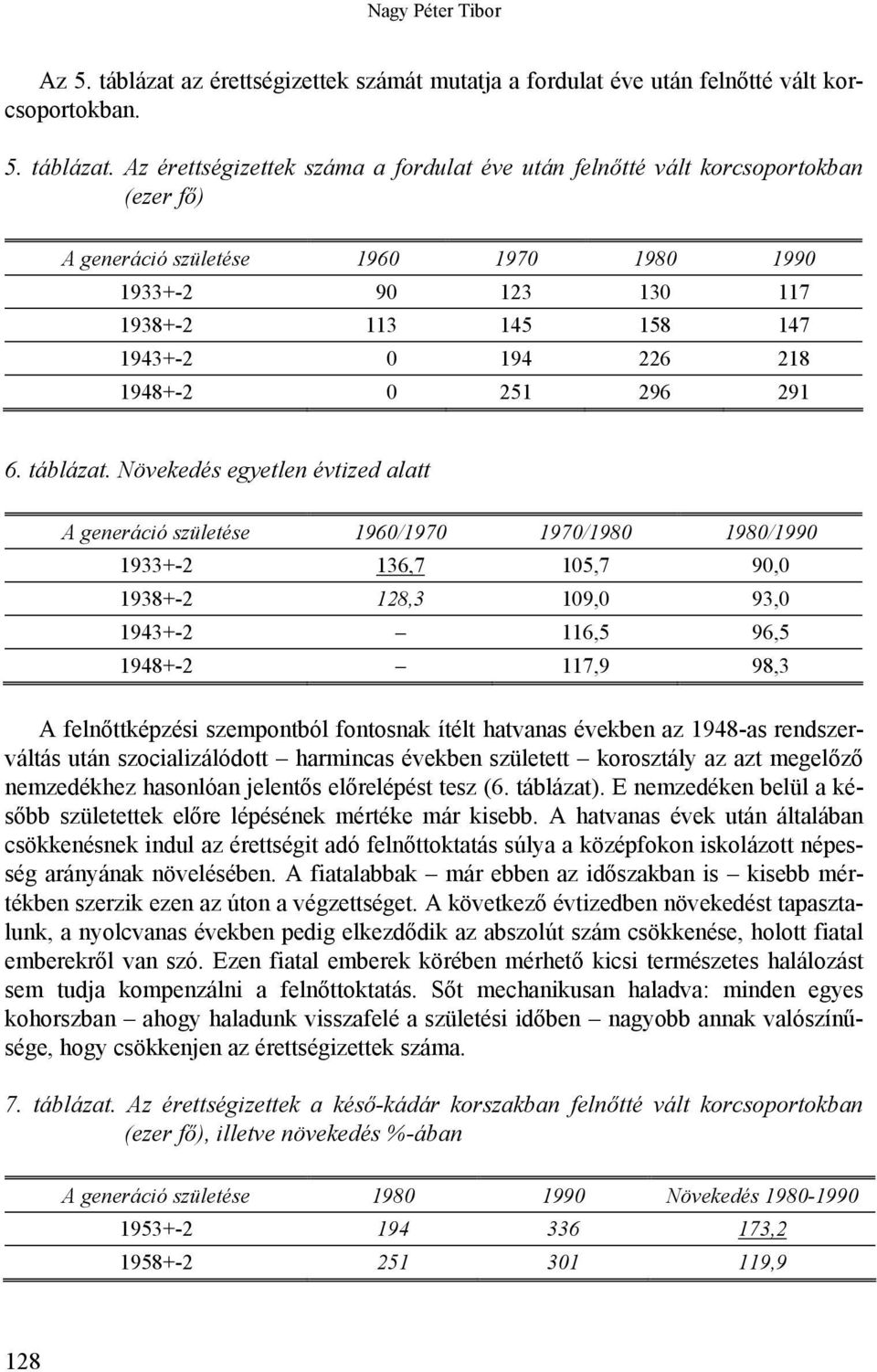 Az érettségizettek száma a fordulat éve után felnőtté vált korcsoportokban (ezer fő) A generáció születése 1960 1970 1980 1990 1933+-2 90 123 130 117 1938+-2 113 145 158 147 1943+-2 0 194 226 218