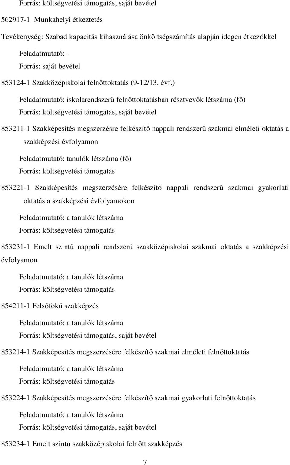 ) Feladatmutató: iskolarendszerű felnőttoktatásban résztvevők létszáma (fő) Forrás: költségvetési támogatás, saját bevétel 853211-1 Szakképesítés megszerzésre felkészítő nappali rendszerű szakmai