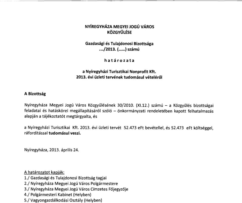 ) számú - a Közgyűlés bizottsága i feladatai és hatáskörei megállapításáról szóló - önkormányzati rendeletében kapott felhatalmazás alapján a tájékoztatót megtárgyalta, és a Nyíregyházi Turisztikai