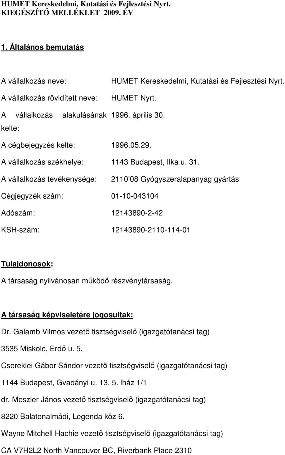 A vállalkozás tevékenysége: 2110 08 Gyógyszeralapanyag gyártás Cégjegyzék szám: 01-10-043104 Adószám: 12143890-2-42 KSH-szám: 12143890-2110-114-01 Tulajdonosok: A társaság nyilvánosan működő