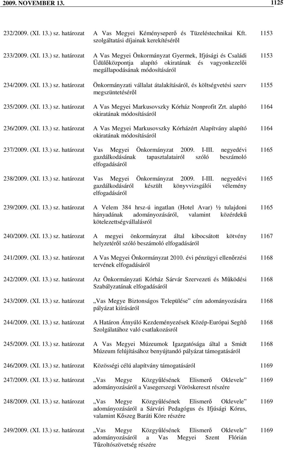 határozat A Vas Megyei Önkormányzat Gyermek, Ifjúsági és Családi Üdülıközpontja alapító okiratának és vagyonkezelıi megállapodásának módosításáról 234/2009. (XI. 13.) sz.