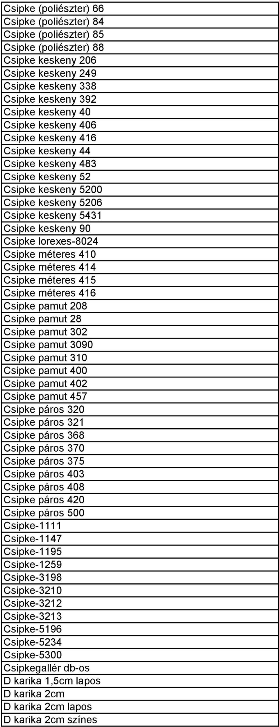 410 Csipke méteres 414 Csipke méteres 415 Csipke méteres 416 Csipke pamut 208 Csipke pamut 28 Csipke pamut 302 Csipke pamut 3090 Csipke pamut 310 Csipke pamut 400 Csipke pamut 402 Csipke pamut 457