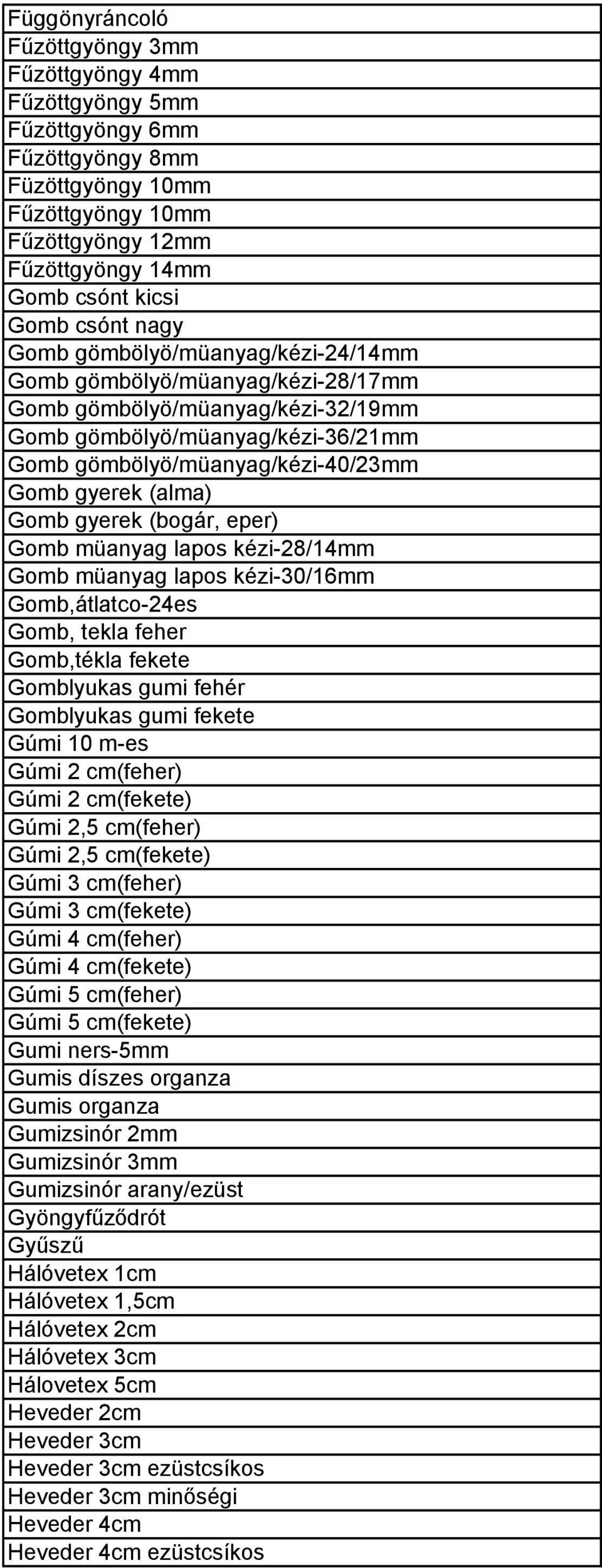 Gomb gyerek (bogár, eper) Gomb müanyag lapos kézi-28/14mm Gomb müanyag lapos kézi-30/16mm Gomb,átlatco-24es Gomb, tekla feher Gomb,tékla fekete Gomblyukas gumi fehér Gomblyukas gumi fekete Gúmi 10