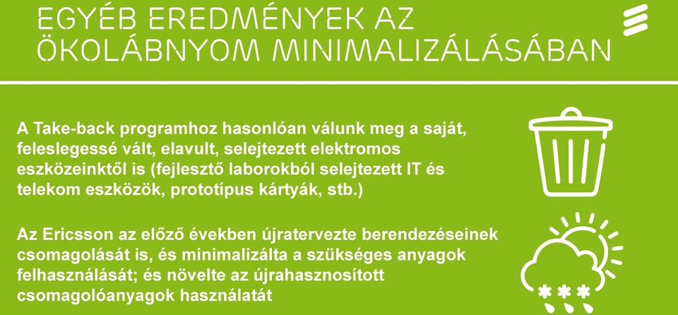 ) Az Ericsson az előző években újratervezte berendezéseinek csomagolását is, és minimalizálta a szükséges anyagok felhasználását; és