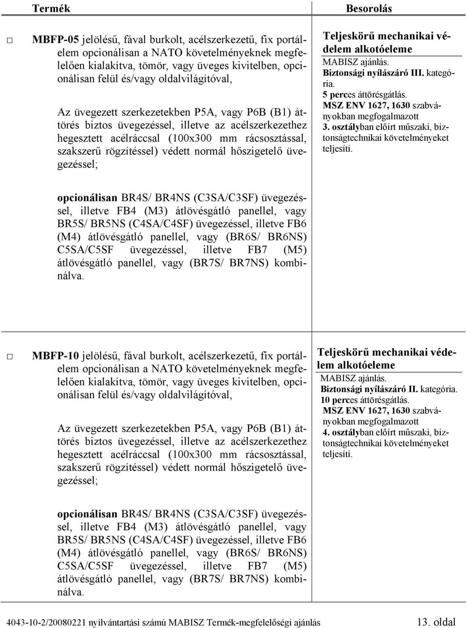 osztályban előírt műszaki, biztonságtechnikai opcionálisan BR4S/ BR4NS (C3SA/C3SF) üvegezéssel, illetve FB4 (M3) átlövésgátló panellel, vagy BR5S/ BR5NS (C4SA/C4SF) üvegezéssel, illetve FB6 (M4)