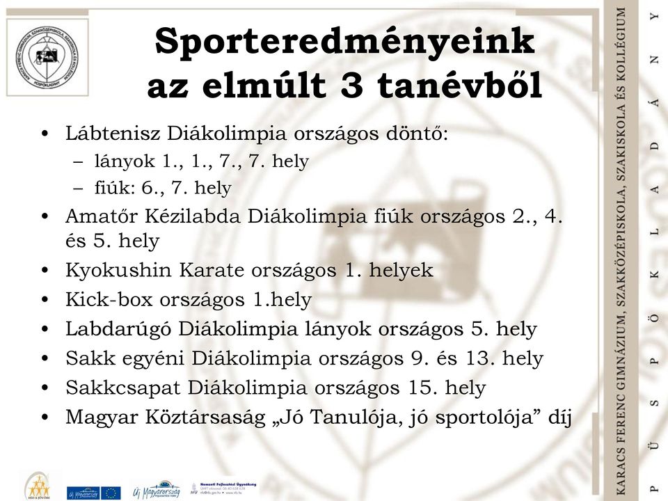 hely Kyokushin Karate országos 1. helyek Kick-box országos 1.hely Labdarúgó Diákolimpia lányok országos 5.