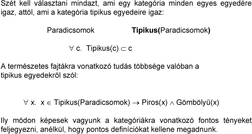 Tipikus(c) c A természetes fajtákra vonatkozó tudás többsége valóban a tipikus egyedekről szól: x.