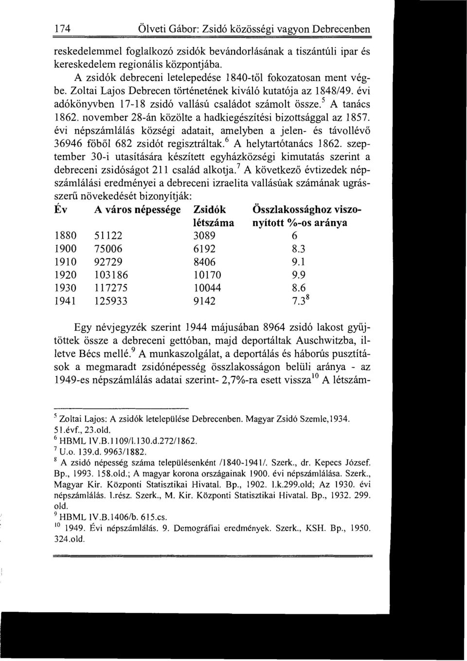 5 A tanács 1862. november 28-án közölte a hadkiegészítési bizottsággal az 1857. évi népszámlálás községi adatait, amelyben a jelen- és távollévő 36946 főbő l 682 zsidót regisztráltak.