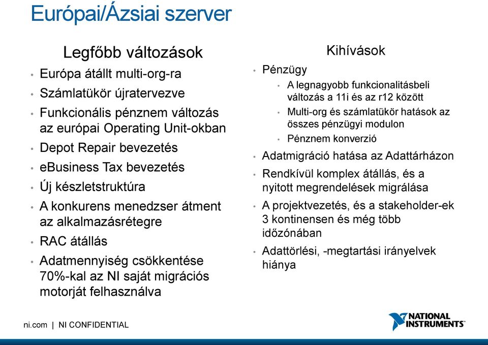 Pénzügy Kihívások A legnagyobb funkcionalitásbeli változás a 11i és az r12 között Multi-org és számlatükör hatások az összes pénzügyi modulon Pénznem konverzió Adatmigráció hatása az