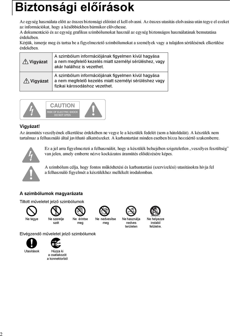 A dokumentáció és az egység grafikus szimbólumokat használ az egység biztonságos használatának bemutatása érdekében.