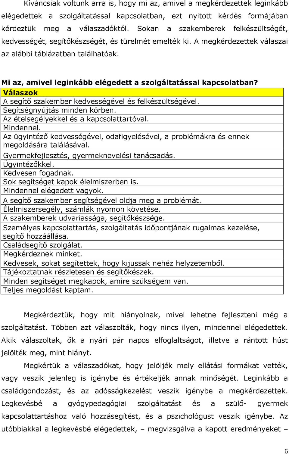 Mi az, amivel leginkább elégedett a szolgáltatással kapcsolatban? Válaszok A segítő szakember kedvességével és felkészültségével. Segítségnyújtás minden körben.