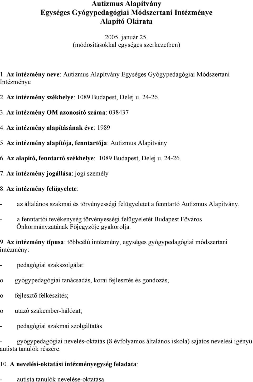 Az intézmény alapításának éve: 1989 5. Az intézmény alapítója, fenntartója: Autizmus Alapítvány 6. Az alapító, fenntartó székhelye: 1089 Budapest, Delej u. 24-26. 7.