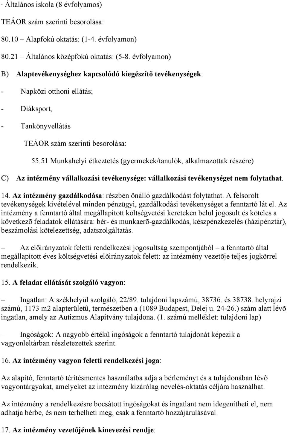 51 Munkahelyi étkeztetés (gyermekek/tanulók, alkalmazttak részére) C) Az intézmény vállalkzási tevékenysége: vállalkzási tevékenységet nem flytathat. 14.