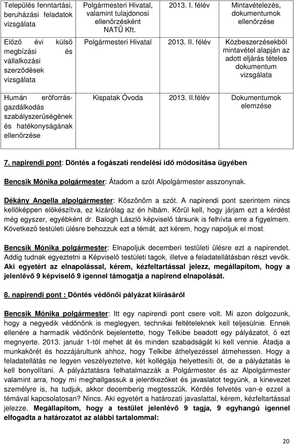 félév Közbeszerzésekből mintavétel alapján az adott eljárás tételes dokumentum vizsgálata Kispatak Óvoda 2013. II.félév Dokumentumok elemzése 7.