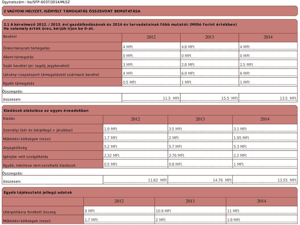 Bevétel 2012 2013 2014 Önkormányzati támogatás Állami támogatás Saját bevétel (pl.: tagdíj, jegybevétel) Látvány-csapatsport támogatásból származó bevétel Egyéb támogatás összesen: 4 MFt 4.