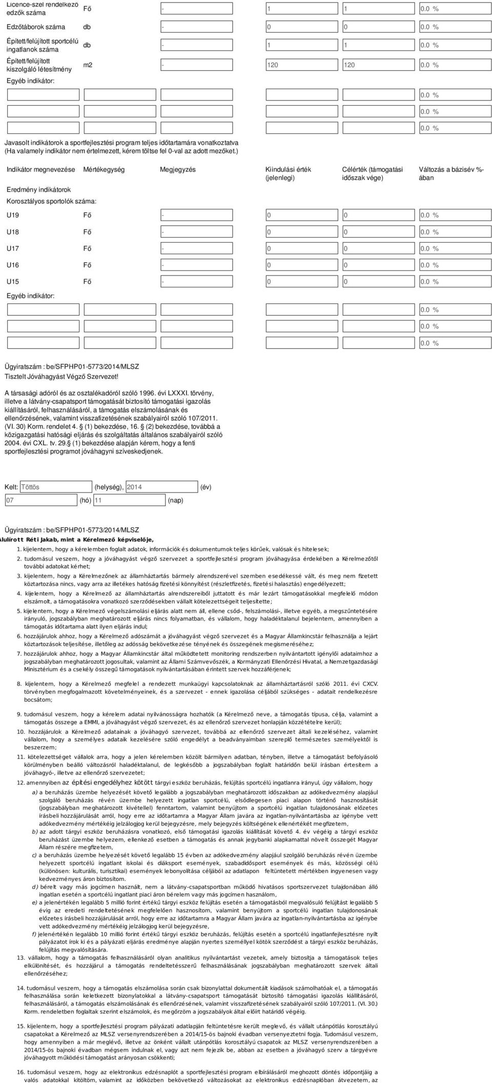 ) Indikátor megnevezése Mértékegység Megjegyzés Kiindulási érték (jelenlegi) Eredmény indikátorok Korosztályos sportolók száma: Célérték (i időszak vége) Változás a bázisév %- ában U19 Fő - 0 0 U18