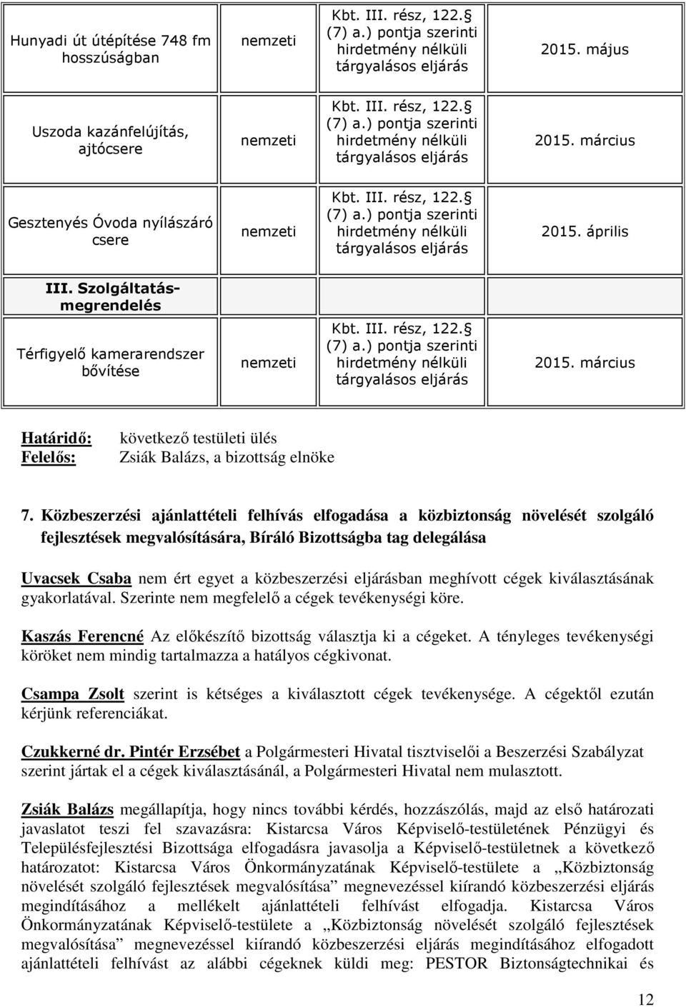 Közbeszerzési ajánlattételi felhívás elfogadása a közbiztonság növelését szolgáló fejlesztések megvalósítására, Bíráló Bizottságba tag delegálása Uvacsek Csaba nem ért egyet a közbeszerzési