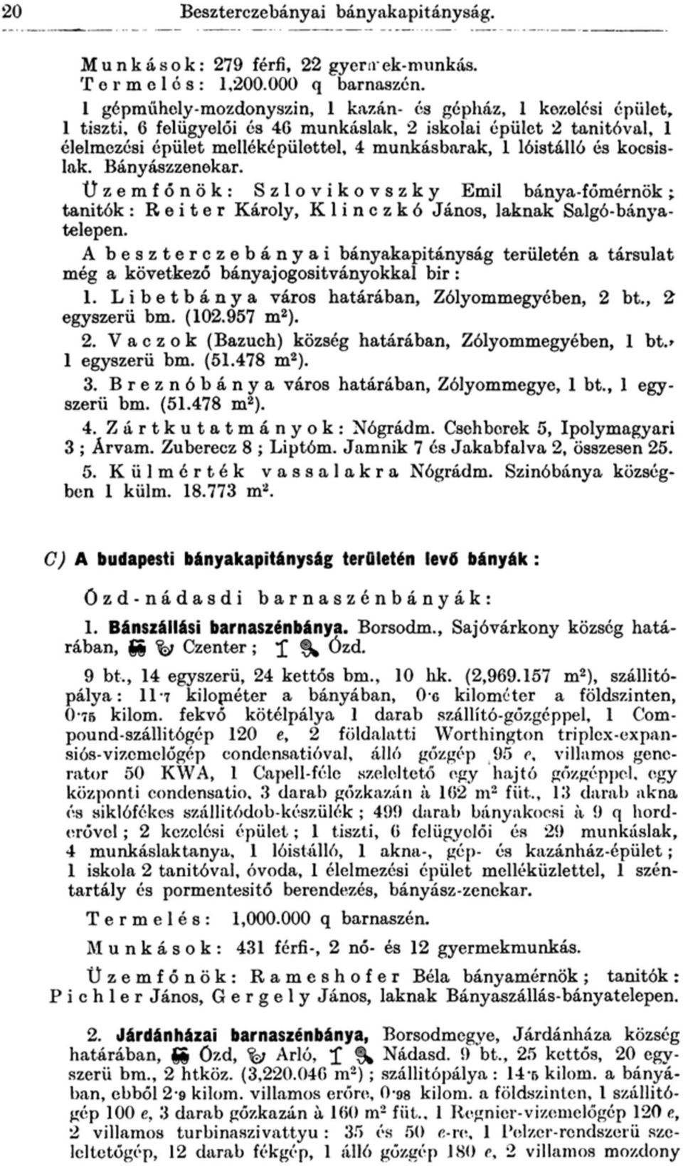 és kocsislak. Bányászzenekar. Uzemfónök: Szlovikovszky Emil bánya-főmérnök; tanitók : Reiter Károly, K 1 i n c z k ó János, laknak Salgó-bányatelepen.