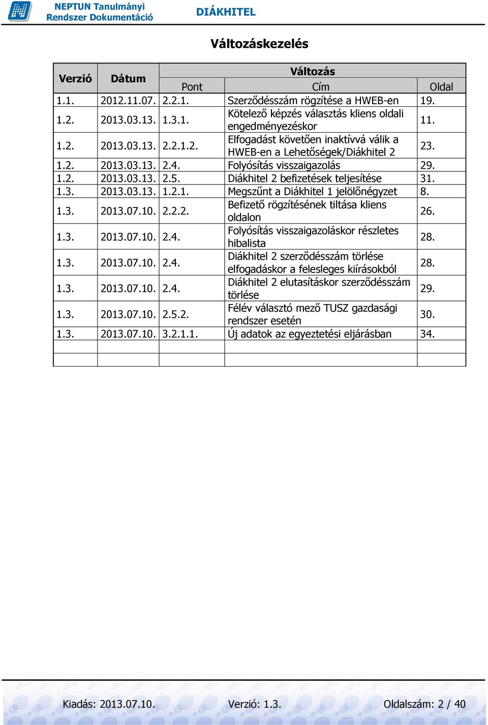 Diákhitel 2 befizetések teljesítése 31. 1.3. 2013.03.13. 1.2.1. Megszűnt a Diákhitel 1 jelölőnégyzet 8. 1.3. 2013.07.10. 2.2.2. Befizető rögzítésének tiltása kliens oldalon 26. 1.3. 2013.07.10. 2.4.