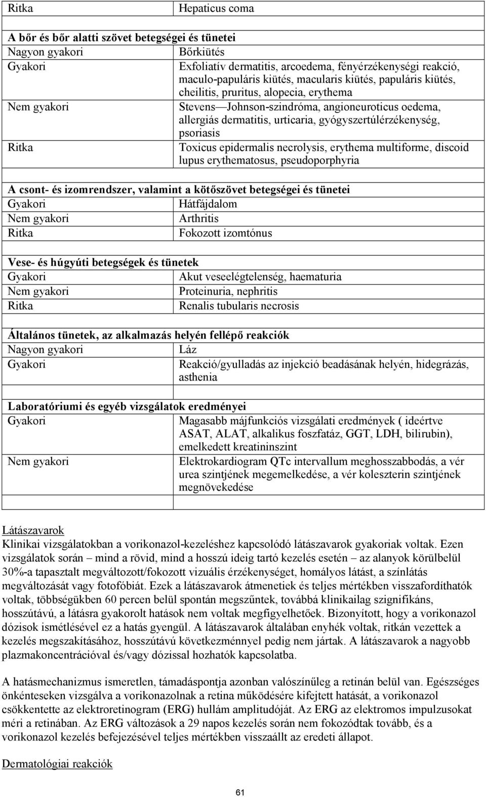 Toxicus epidermalis necrolysis, erythema multiforme, discoid lupus erythematosus, pseudoporphyria A csont- és izomrendszer, valamint a kötőszövet betegségei és tünetei Hátfájdalom Nem gyakori