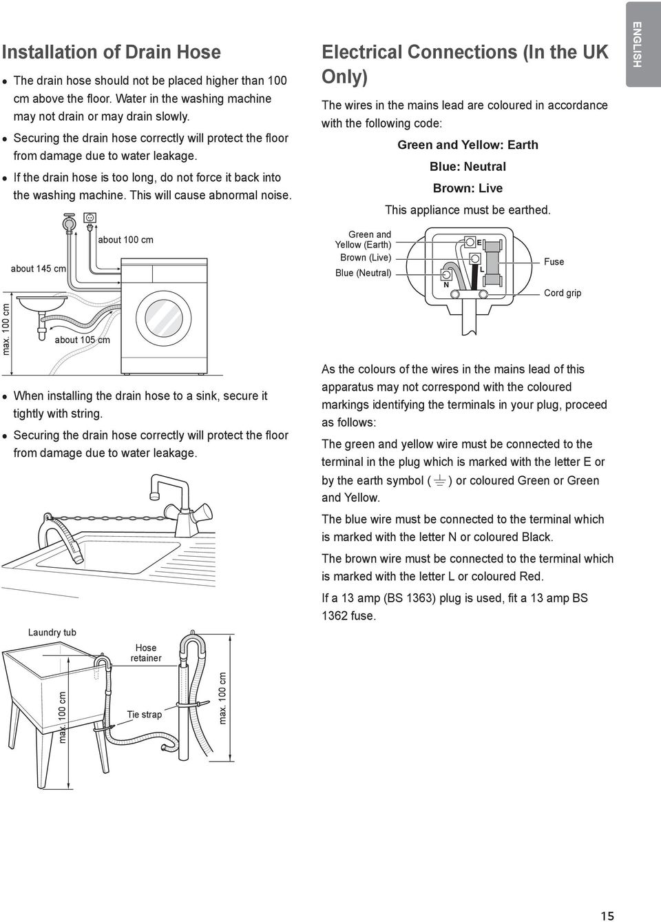 Electrical Connections (In the UK Only) The wires in the mains lead are coloured in accordance with the following code: Green and Yellow: Earth Blue: Neutral Brown: Live This appliance must be