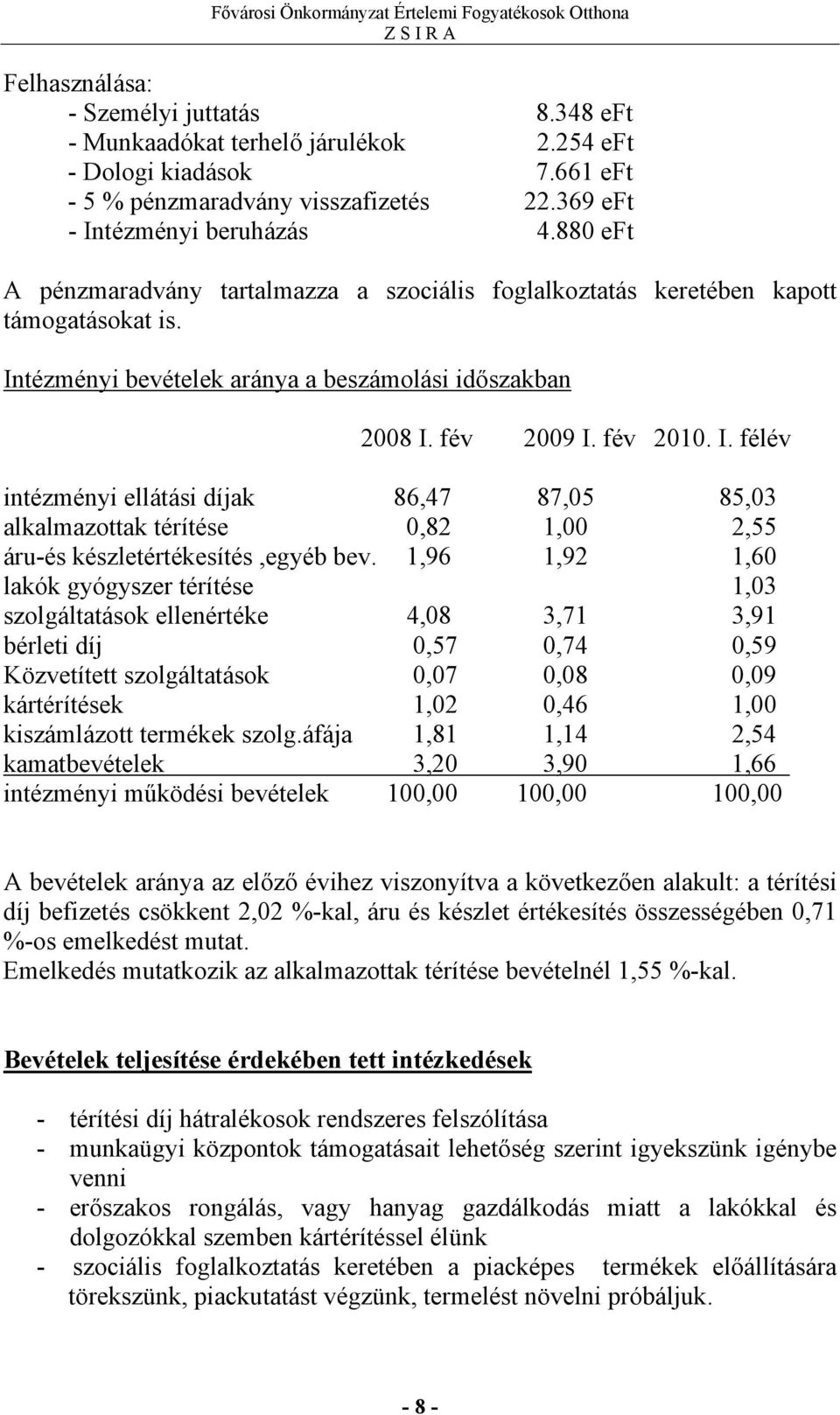 tézményi bevételek aránya a beszámolási időszakban 2008 I. fév 2009 I. fév 2010. I. félév intézményi ellátási díjak 86,47 87,05 85,03 alkalmazottak térítése 0,82 1,00 2,55 áru-és készletértékesítés,egyéb bev.