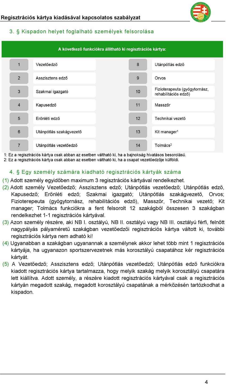 Masszőr, Technikai vezető; Kit manager; Tolmács funkciókra a fent felsorolt 12 szakágból összesen 3 szakágban rendelkezhet 1-1 regisztrációs kártyával. (3) Azon személy részére, aki NB I.