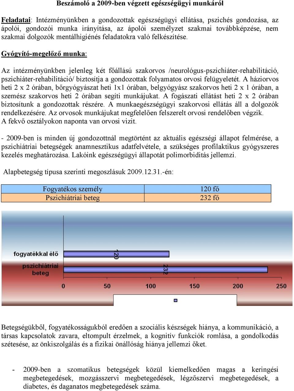 Gyógyító-megelőző munka: Az intézményünkben jelenleg két főállású szakorvos /neurológus-pszichiáter-rehabilitáció, pszichiáter-rehabilitáció/ biztosítja a gondozottak folyamatos orvosi felügyeletét.