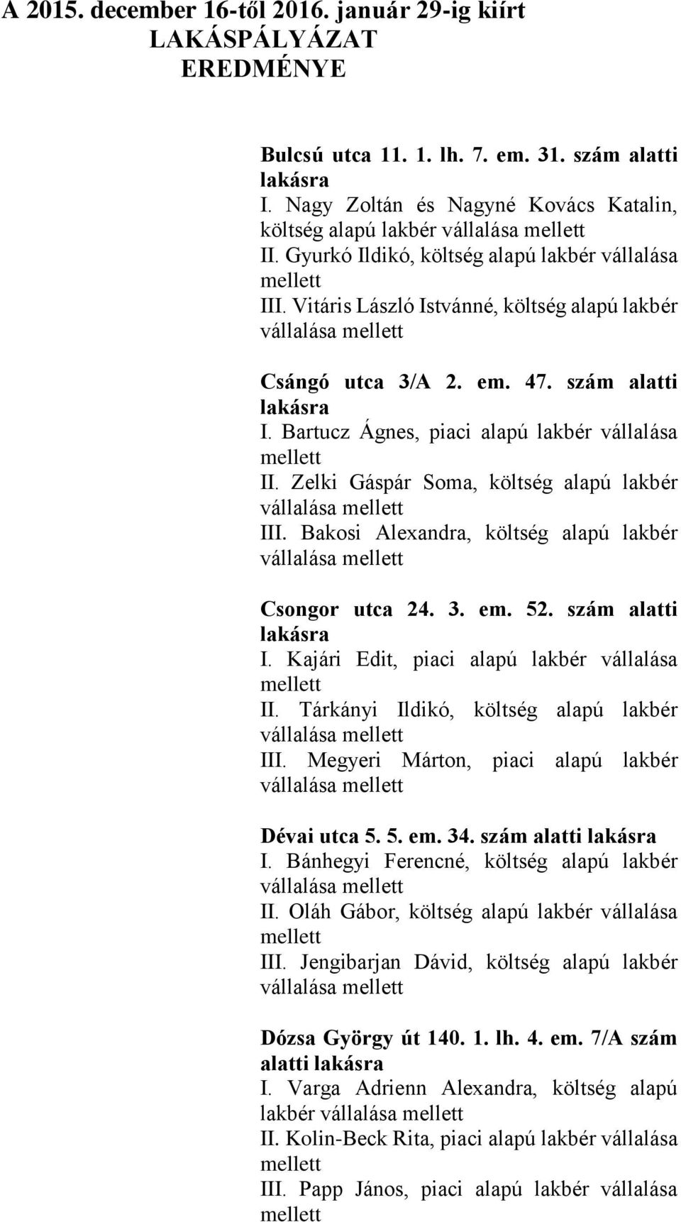 Zelki Gáspár Soma, költség alapú lakbér III. Bakosi Alexandra, költség alapú lakbér Csongor utca 24. 3. em. 52. szám alatti lakásra I. Kajári Edit, piaci alapú lakbér vállalása II.