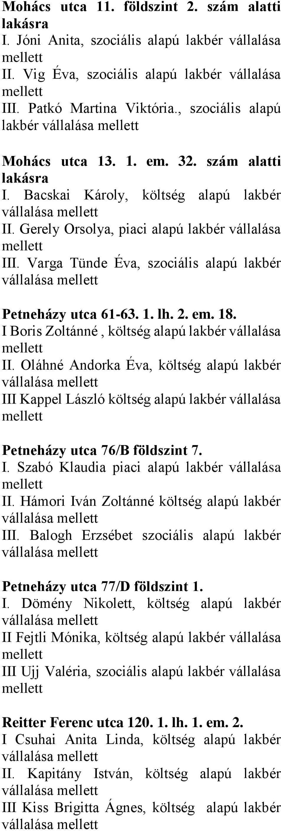 Varga Tünde Éva, szociális alapú lakbér Petneházy utca 61-63. 1. lh. 2. em. 18. I Boris Zoltánné, költség alapú lakbér vállalása II.