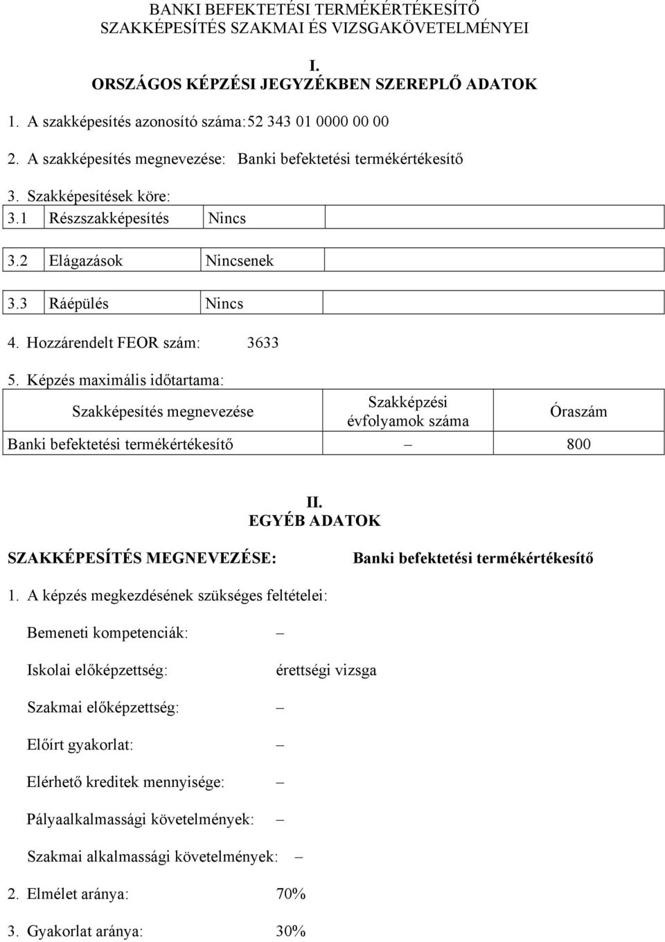 Képzés maximális időtartama: Szakképesítés megnevezése Szakképzési évfolyamok száma Óraszám Banki befektetési termékértékesítő 800 II.