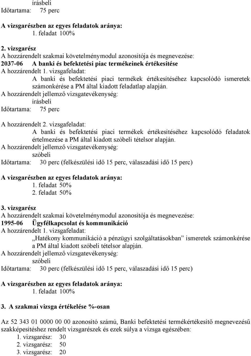 vizsgafeladat: A banki és befektetési piaci termékek értékesítéséhez kapcsolódó ismeretek számonkérése a PM által kiadott feladatlap alapján.