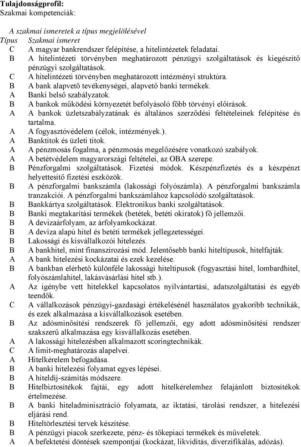 B A bank alapvető tevékenységei, alapvető banki termékek. A Banki belső szabályzatok. B A bankok működési környezetét befolyásoló főbb törvényi előírások.