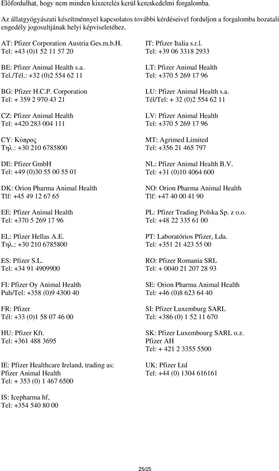 Tel: +43 (0)1 52 11 57 20 BE: Pfizer Animal Health s.a. Tel./Tél.: +32 (0)2 554 62 11 BG: Pfizer H.C.P. Corporation Tel: + 359 2 970 43 21 CZ: Pfizer Animal Health Tel: +420 283 004 111 CY: Kύπρος Τηλ.