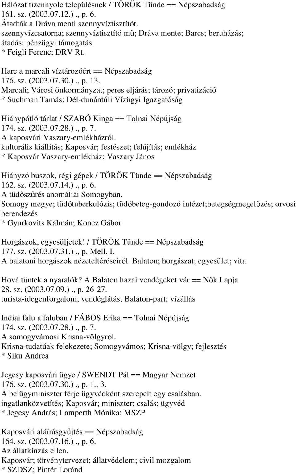 Marcali; Városi önkormányzat; peres eljárás; tározó; privatizáció * Suchman Tamás; Dél-dunántúli Vízügyi Igazgatóság Hiánypótló tárlat / SZABÓ Kinga == Tolnai Népújság 174. sz. (2003.07.28.)., p. 7.