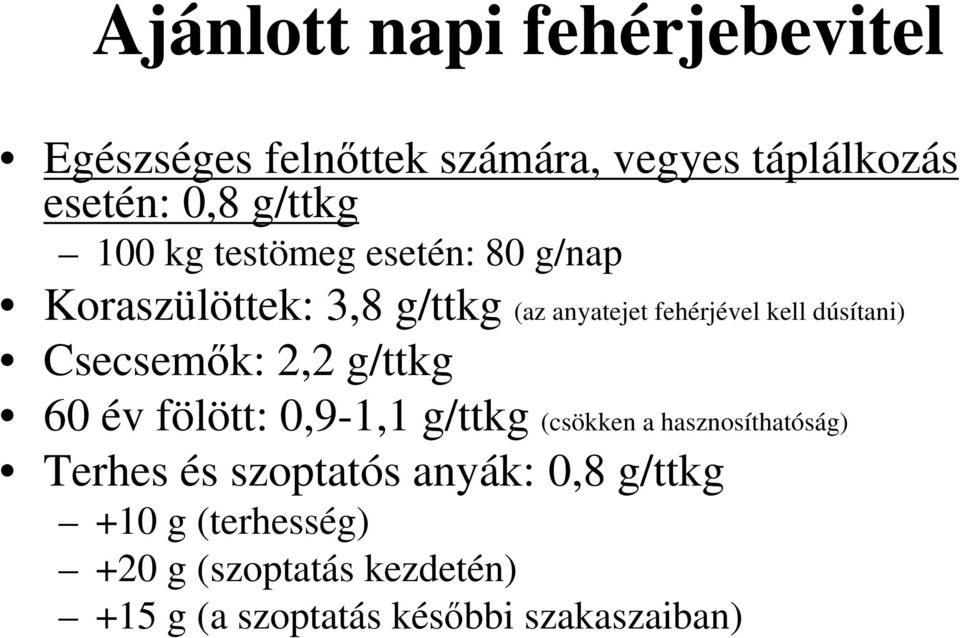 Csecsemők: 2,2 g/ttkg 60 év fölött: 0,9-1,1 g/ttkg (csökken a hasznosíthatóság) Terhes és szoptatós