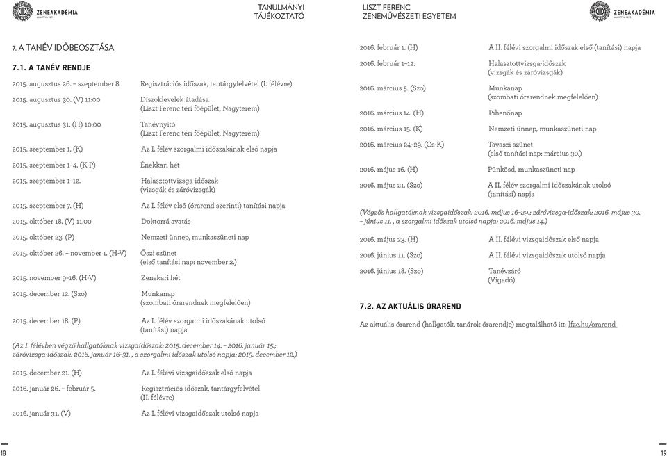 félév szorgalmi időszakának első napja 2015. szeptember 1 4. (K-P) Énekkari hét 2015. szeptember 1 12. Halasztottvizsga-időszak (vizsgák és záróvizsgák) 2015. szeptember 7. (H) Az I.