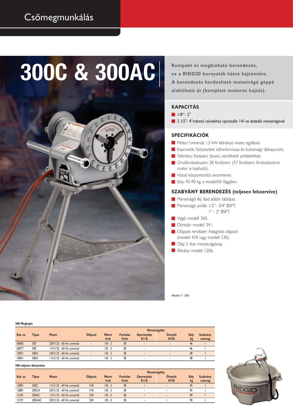 Tokmány: Kalapács típusú, cserélhető pofabetétek. Orsófordulatszám: 38 ford/perc (57 ford/perc fordulatszámú motor is kapható). Hátsó központosító: excenteres. Súly: 45-90 kg, a modelltől függően.