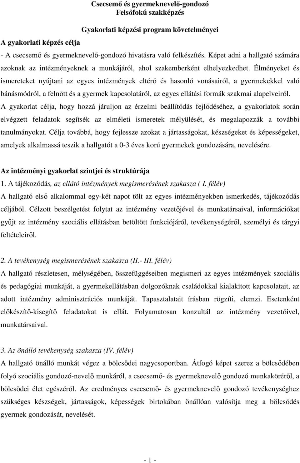 Élményeket és ismereteket nyújtani az egyes intézmények eltérı és hasonló vonásairól, a gyermekekkel való bánásmódról, a felnıtt és a gyermek kapcsolatáról, az egyes ellátási formák szakmai