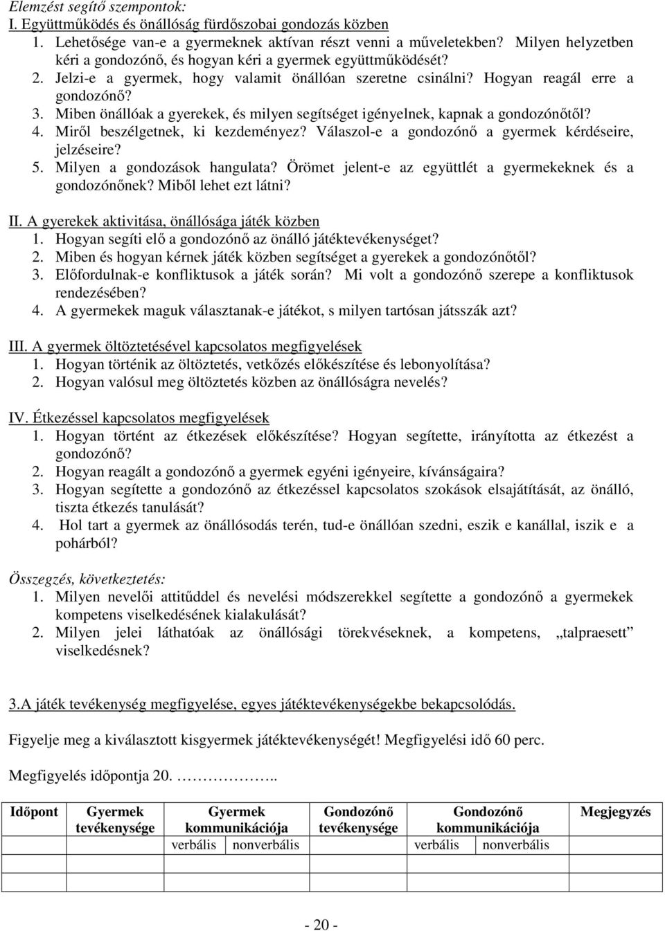 Miben önállóak a gyerekek, és milyen segítséget igényelnek, kapnak a gondozónıtıl? 4. Mirıl beszélgetnek, ki kezdeményez? Válaszol-e a gondozónı a gyermek kérdéseire, jelzéseire? 5.