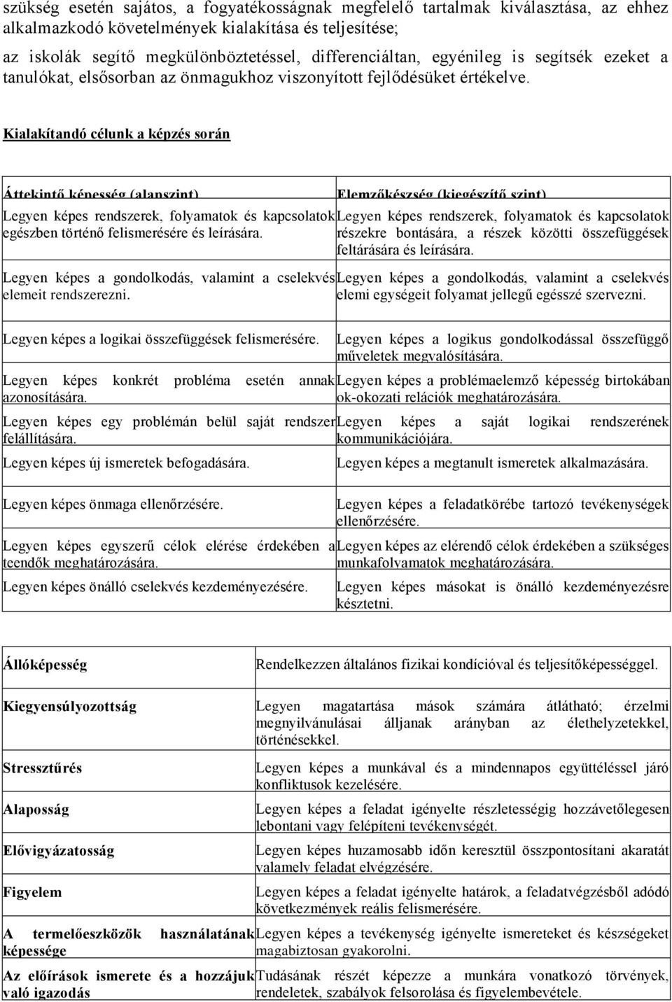 Kialakítandó célunk a képzés során Áttekintő képesség (alapszint) Elemzőkészség (kiegészítő szint) Legyen képes rendszerek, folyamatok és kapcsolatok Legyen képes rendszerek, folyamatok és