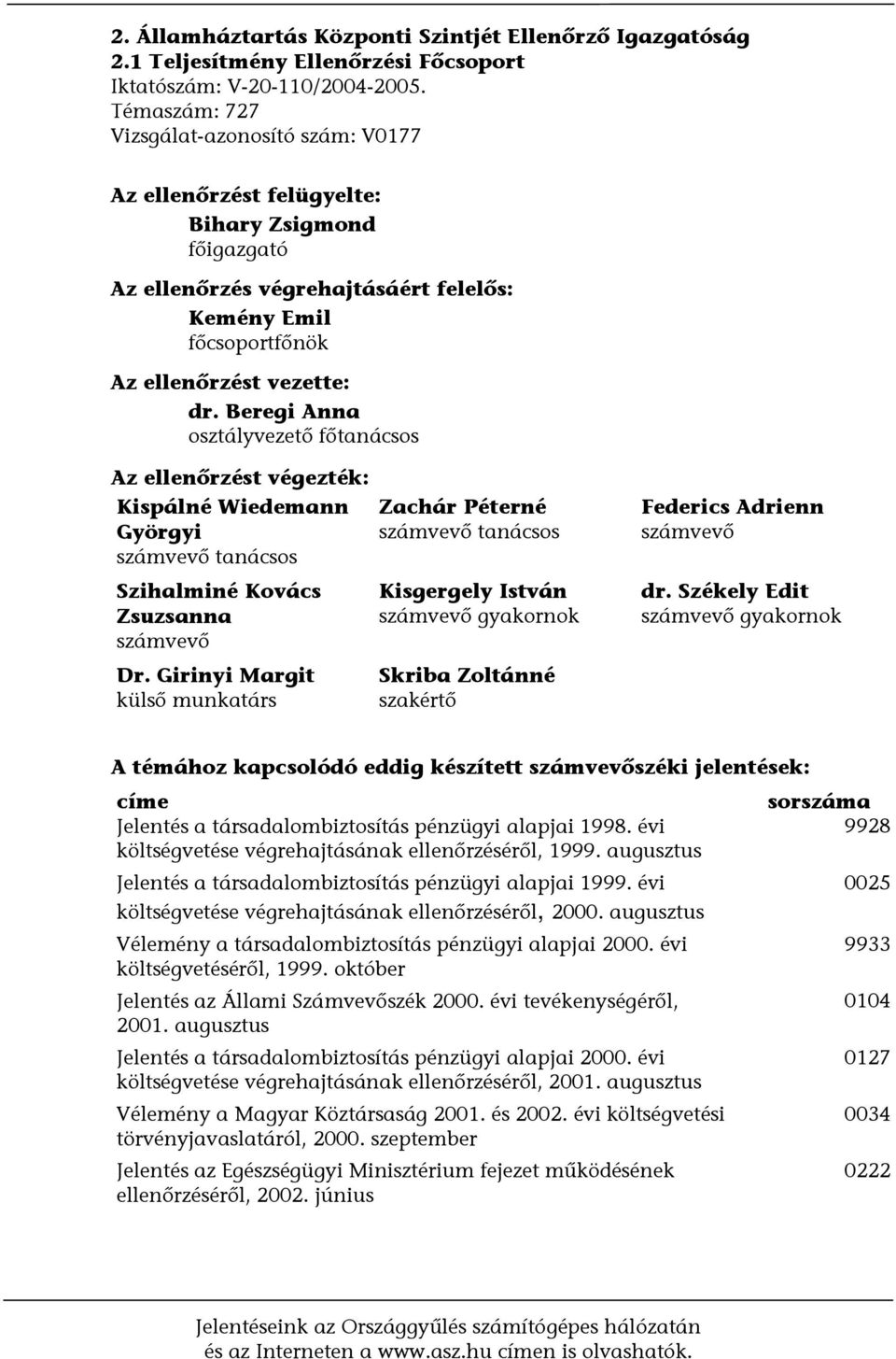 Beregi Anna osztályvezető főtanácsos Az ellenőrzést végezték: Kispálné Wiedemann Györgyi számvevő tanácsos Szihalminé Kovács Zsuzsanna számvevő Dr.