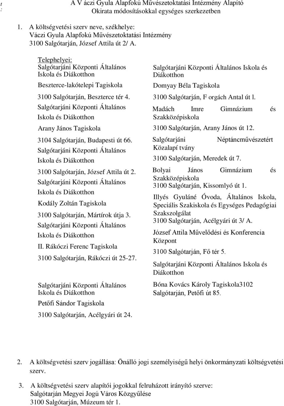 Telephelyei: Beszterce-lakótelepi Tagiskola 3100 Salgótarján, Beszterce tér 4. Arany János Tagiskola 3104 Salgótarján, Budapesti út 66. 3100 Salgótarján, József Attila út 2.