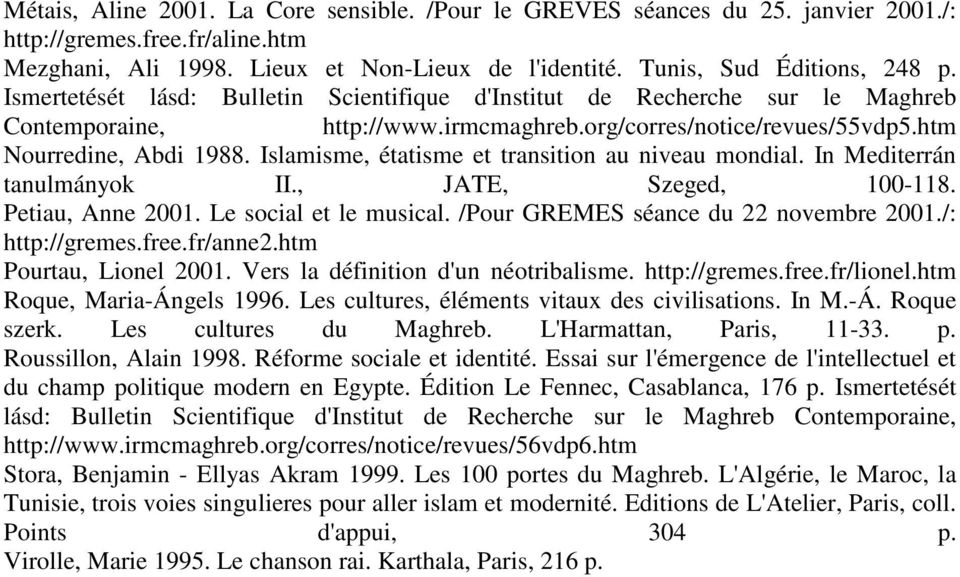 Islamisme, étatisme et transition au niveau mondial. In Mediterrán tanulmányok II., JATE, Szeged, 100-118. Petiau, Anne 2001. Le social et le musical. /Pour GREMES séance du 22 novembre 2001.