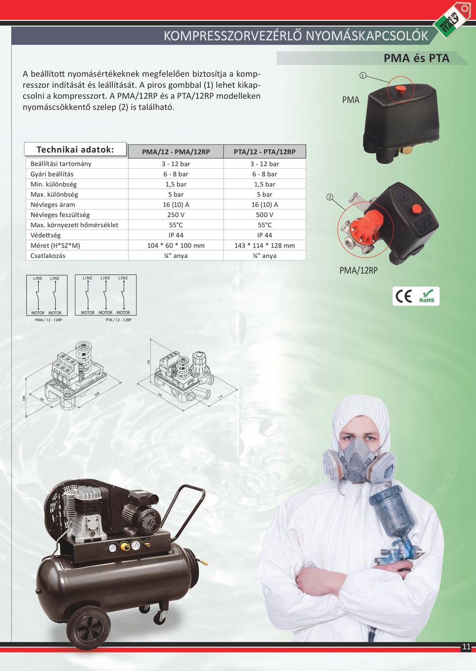 KOMPRESSZORVEZÉRLŐ NYOMÁSKAPCSOLÓK PMA 1 PMA és PTA PMA/12 - PMA/12RP PTA/12 - PTA/12RP Beállítási tartomány 3-12 bar 3-12 bar Gyári beállítás 6-8 bar 6-8 bar Min.