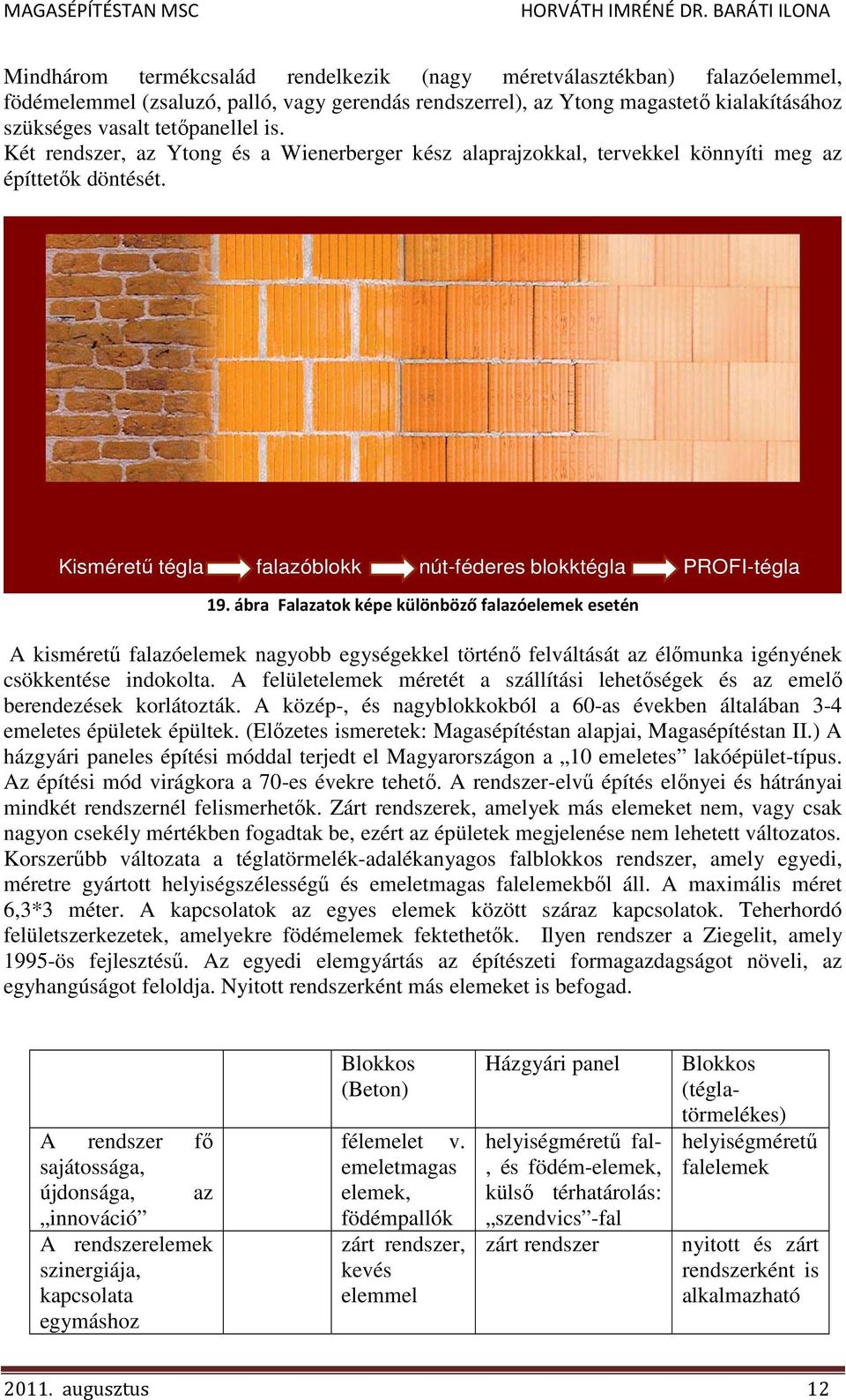 ábra Falazatok képe különböző falazóelemek esetén A kismérető falazóelemek nagyobb egységekkel történı felváltását az élımunka igényének csökkentése indokolta.