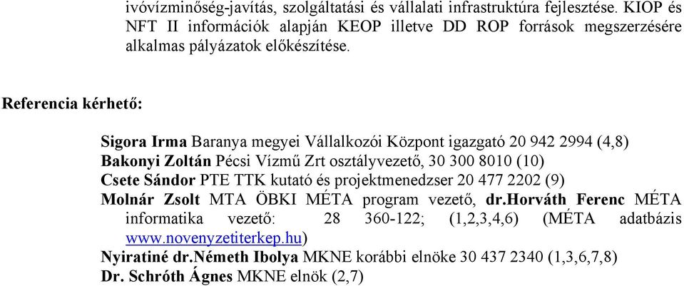 Referencia kérhető: Sigora Irma Baranya megyei Vállalkozói Központ igazgató 20 942 2994 (4,8) Bakonyi Zoltán Pécsi Vízmű Zrt osztályvezető, 30 300 8010 (10) Csete