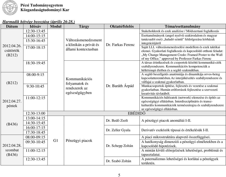 Stakeholderek és ezek analízise / Módszertani foglalkozás 14:00-15:15 Esettanulmányok (angol nyelvű szakirodalom és magyar 15:30-16:45 tanácsadói eset) haladó szintű feldolgozása kórházak