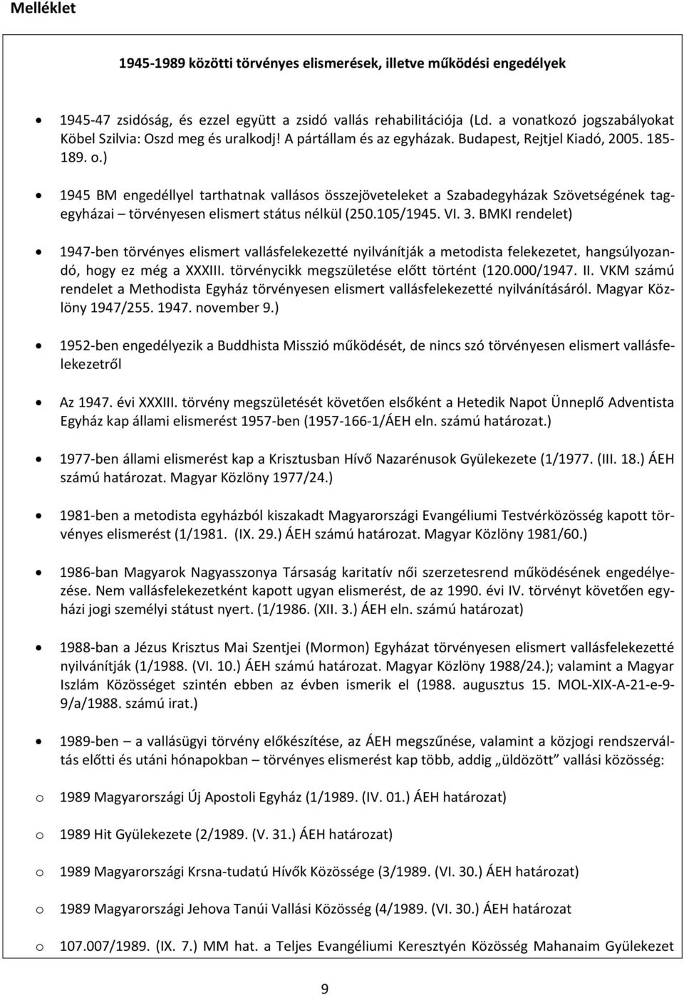 ) 1945 BM engedéllyel tarthatnak vallásos összejöveteleket a Szabadegyházak Szövetségének tagegyházai törvényesen elismert státus nélkül (250.105/1945. VI. 3.