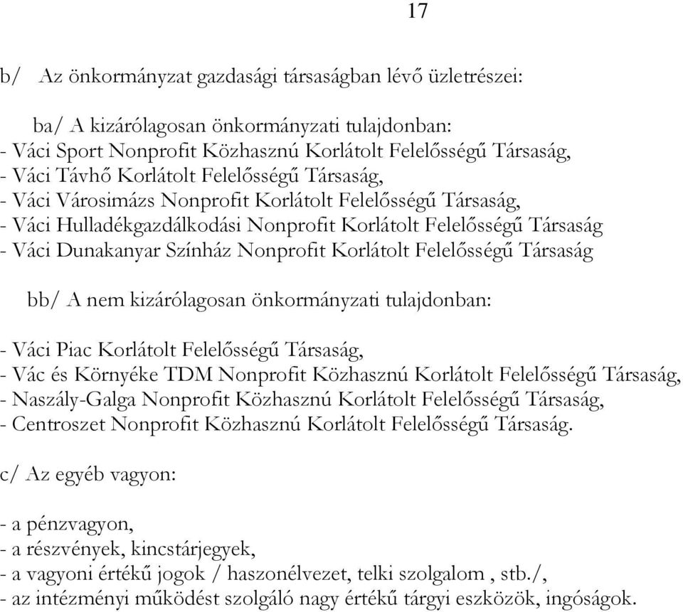 Felelősségű Társaság bb/ A nem kizárólagosan önkormányzati tulajdonban: - Váci Piac Korlátolt Felelősségű Társaság, - Vác és Környéke TDM Nonprofit Közhasznú Korlátolt Felelősségű Társaság, -